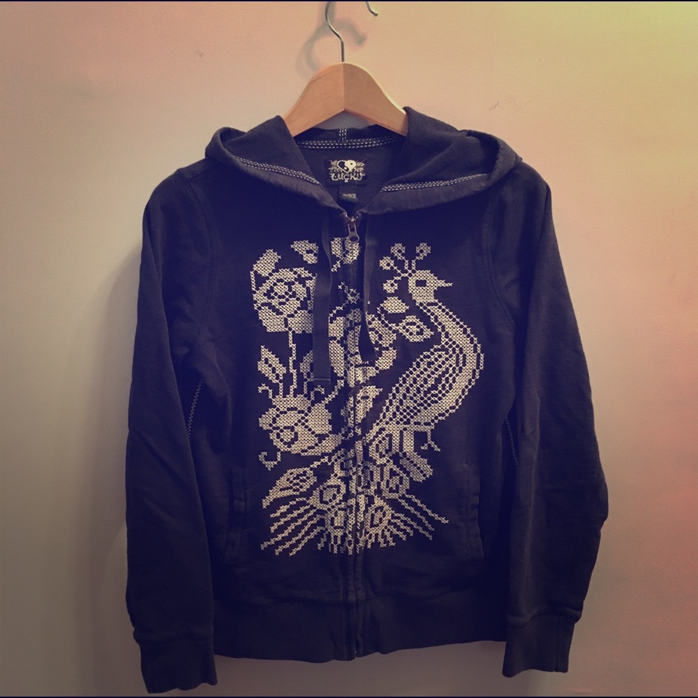 Lucky Brand Cream Stitched Zip Hoodie Sweatshirt